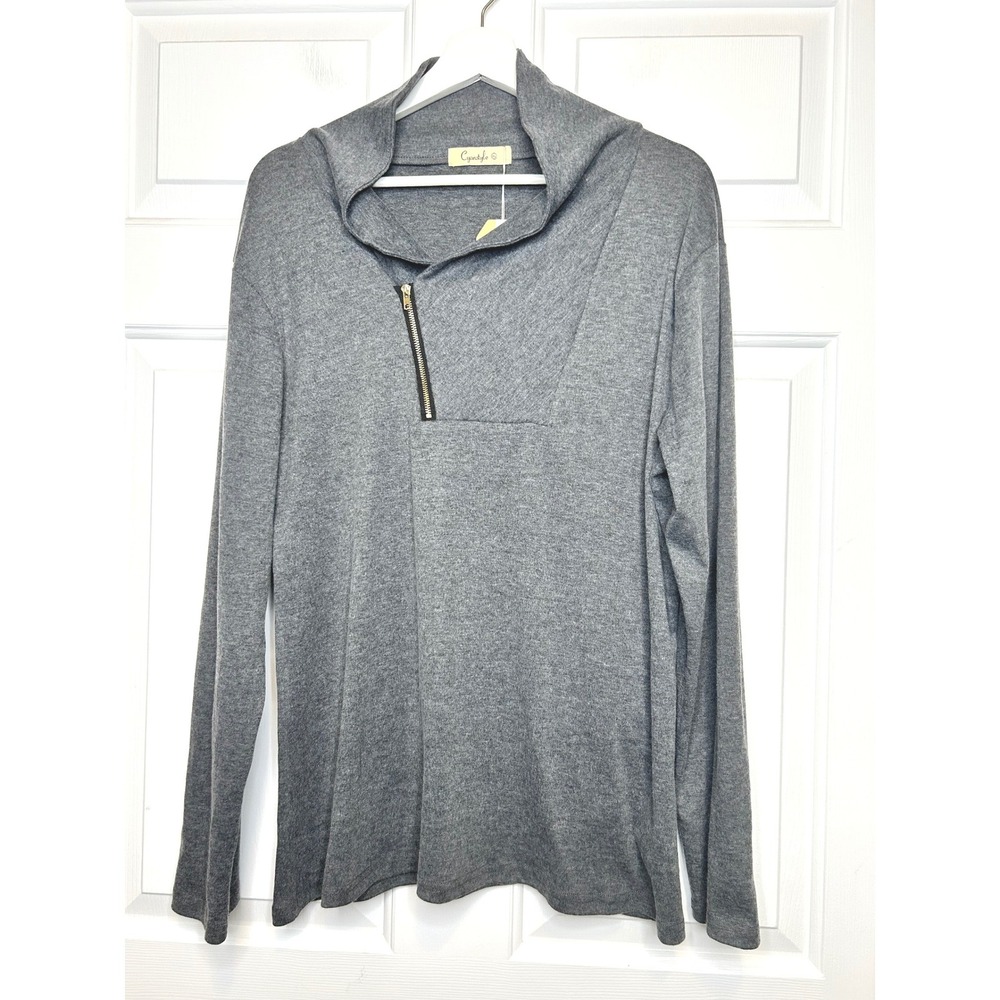 Cyanstyle Quarter Zip Pullover XL Gray New Asymmetrical Cowl Neck Sweater‎